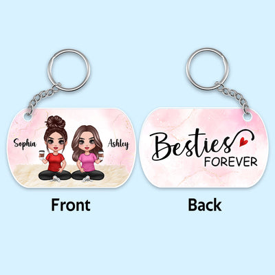 Besties Sisters Forever Watercolor Doll Girl Sitting Personalized Acrylic Keychain