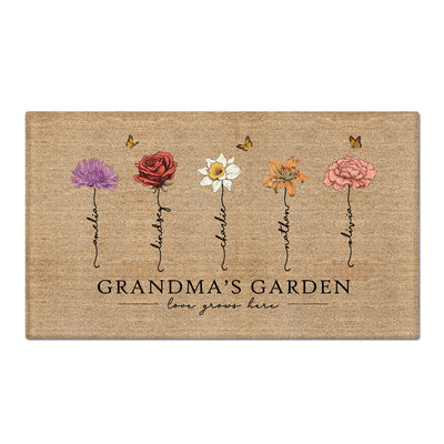 Grandma‘s Garden Love Grows Here Vintage Birth Flower Swirl Name - Personalized Doormat - Gift For Her, Grandma, Mom