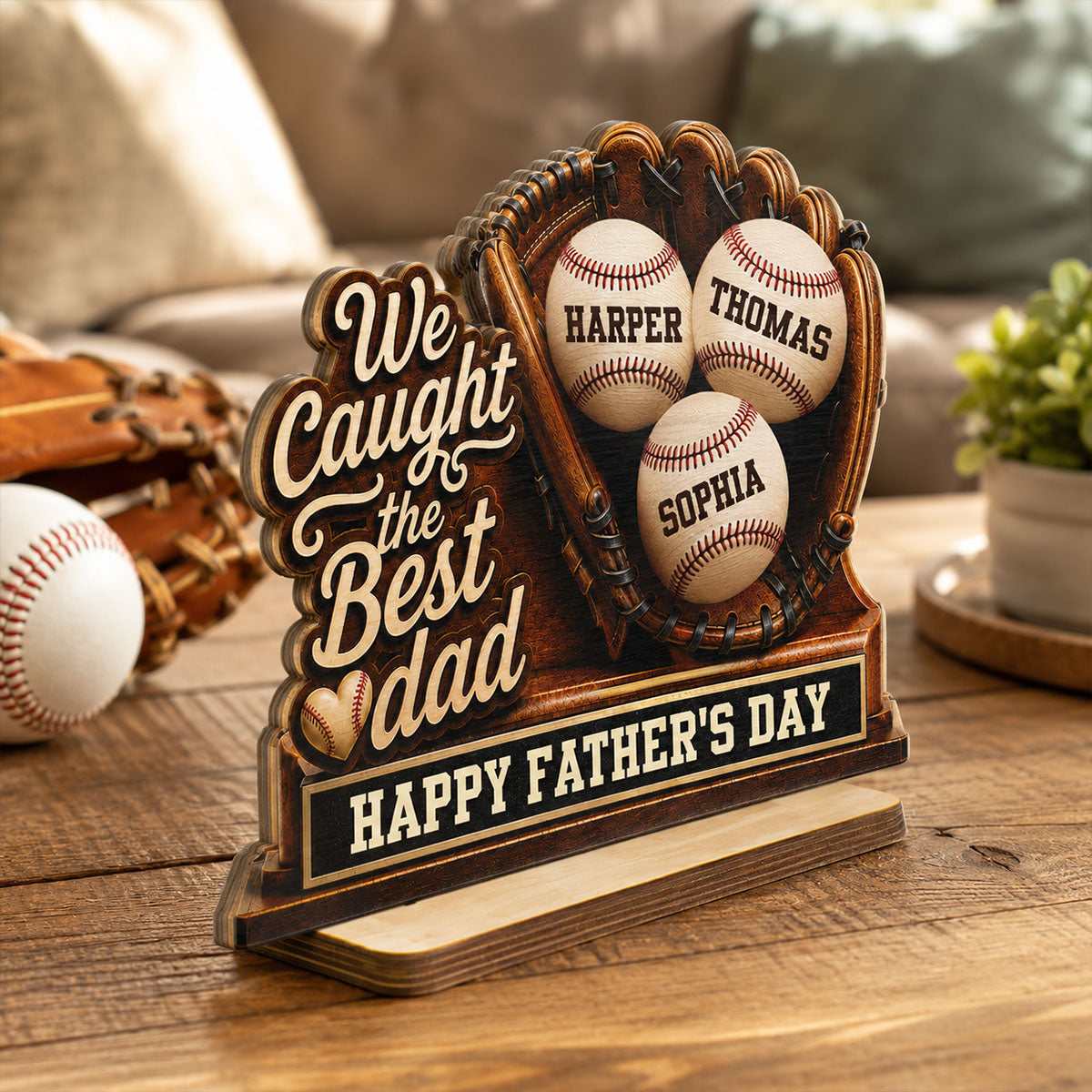 We Caught The Best Dad Baseball In Glove - Personalized 2-Layered Wooden Plaque - Happy Father's Day For Baseball Dad