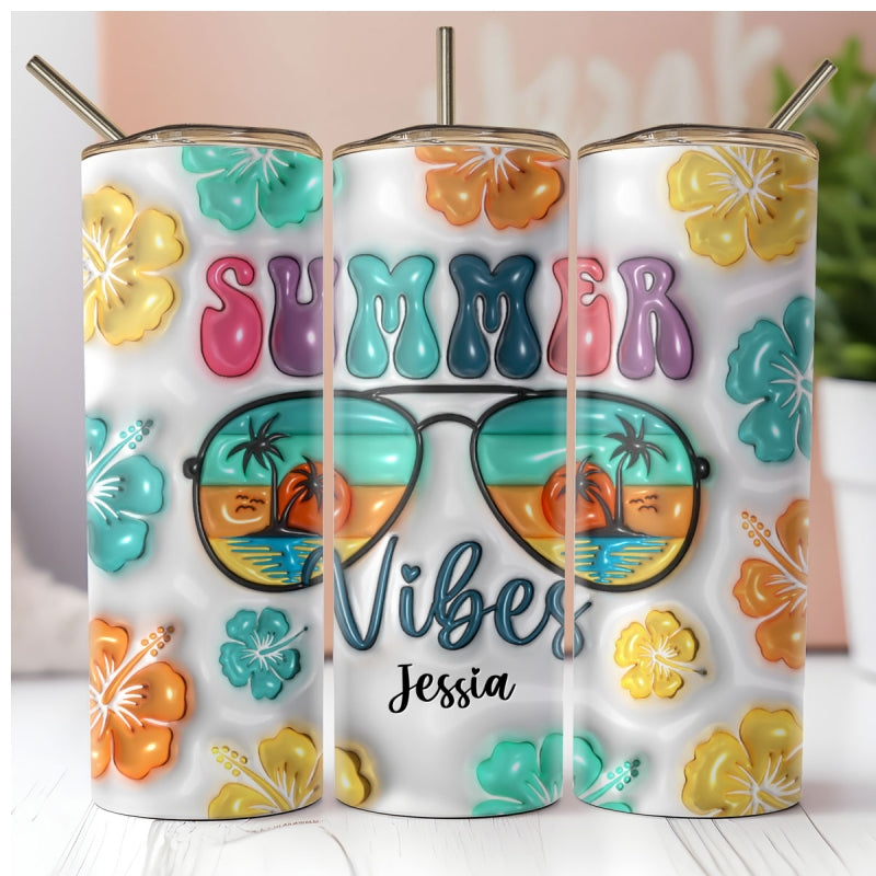 3D Summer Vibes Inflated Tumbler Wrap, 3D Tropical Summer Flower, Personalized Tumbler