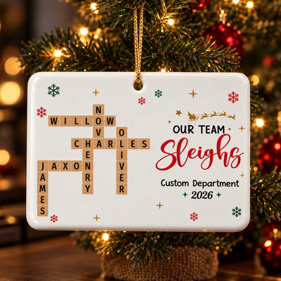Our Team Sleighs Crossword Puzzle Art - Personalized Ceramic Ornament - Coworkers, Colleagues Gift Exchange