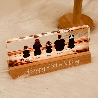 Family Sitting Retro Vintage Beach Landscape - Personalized Acrylic Block Plaque LED Night Light - Gift For Dad, Gift For Husband, Gift For Grandpa