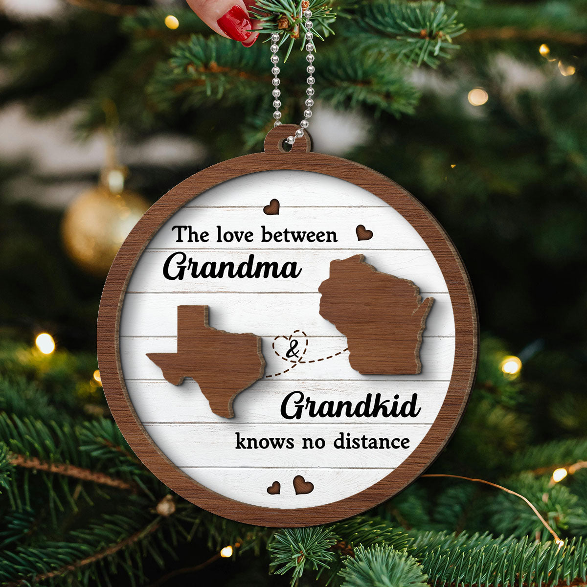 Grandkids Long Distance State Map Personalized 2-Layer Wooden Ornament, Christmas Gift For Grandma