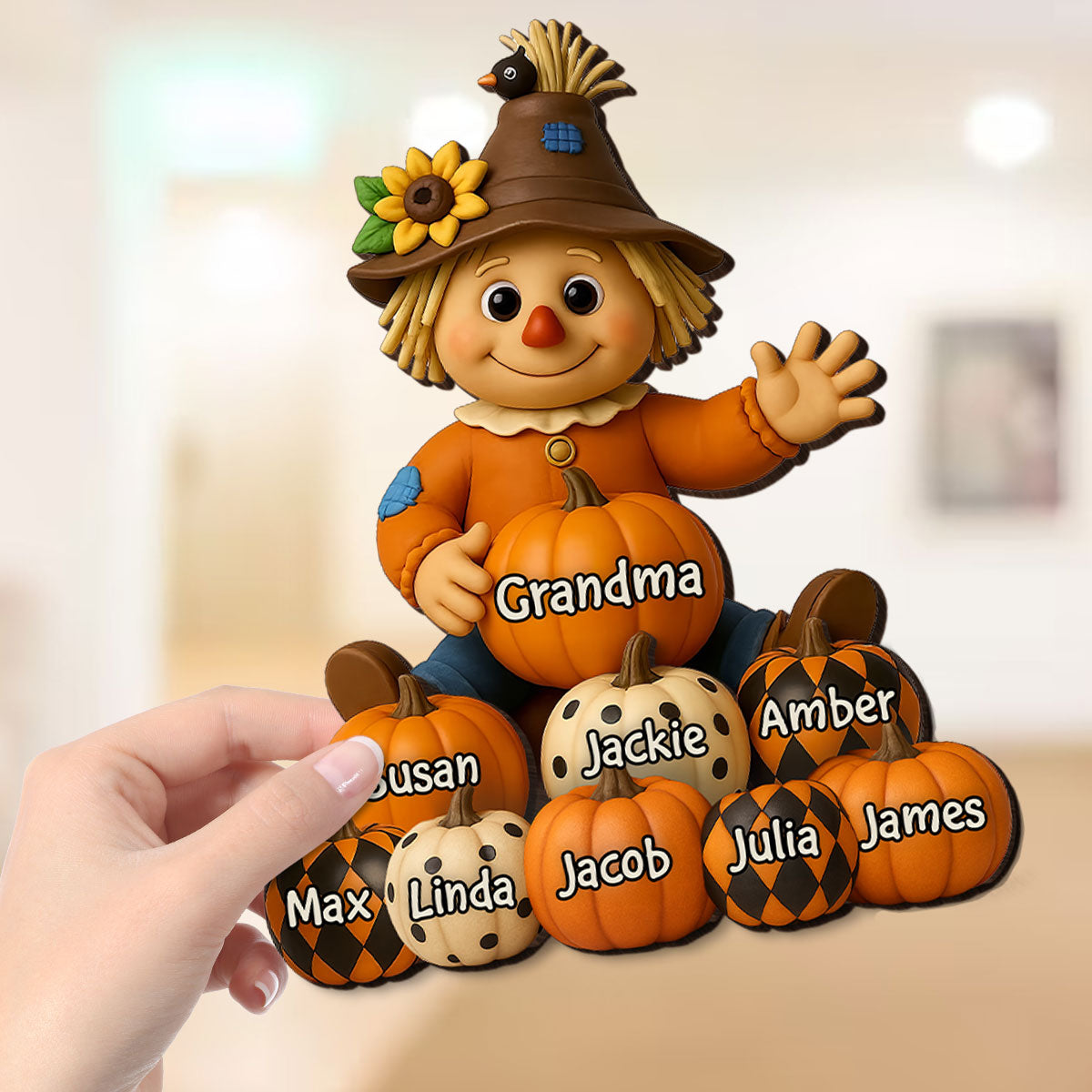 Fall Season Grandma Scarecrow Grandkids Pumpkins 3D Effect Personalized 2-Layer Wooden Plaque