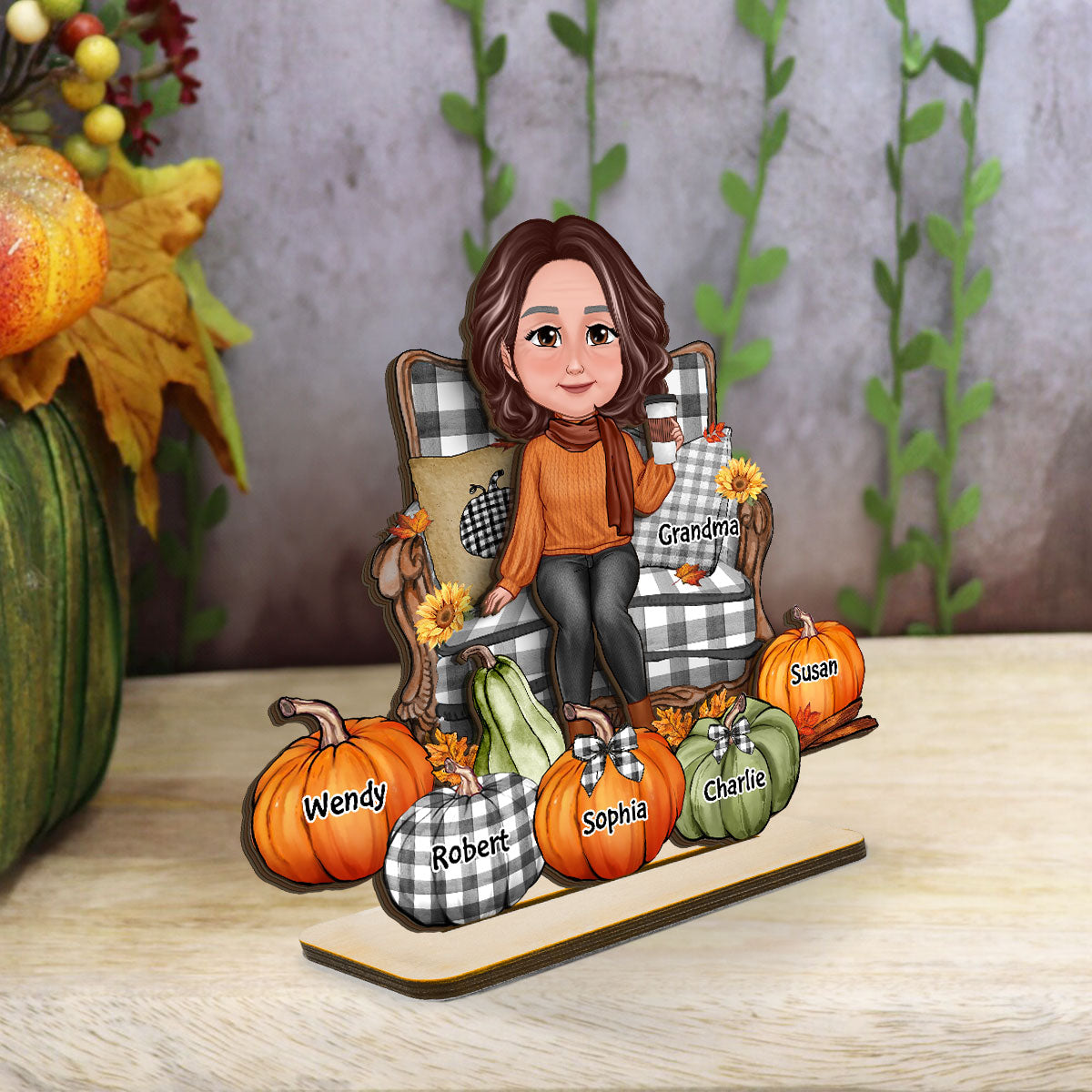 Grandma Sitting On Chair Pumpkins Personalized 2-Layer Standing Wooden Plaque, Fall Season Decor