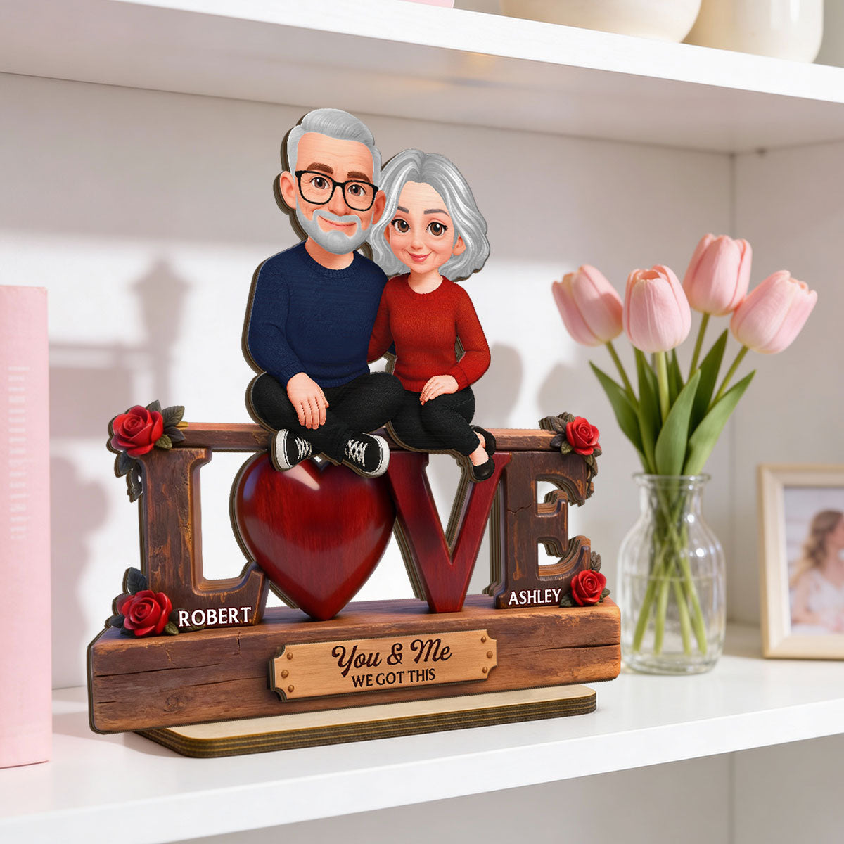 Roses LOVE Couple Sitting Embracing - Personalized 2-Layered Wooden Plaque - Valentine's Day Gift For Couple, For Him, For Her