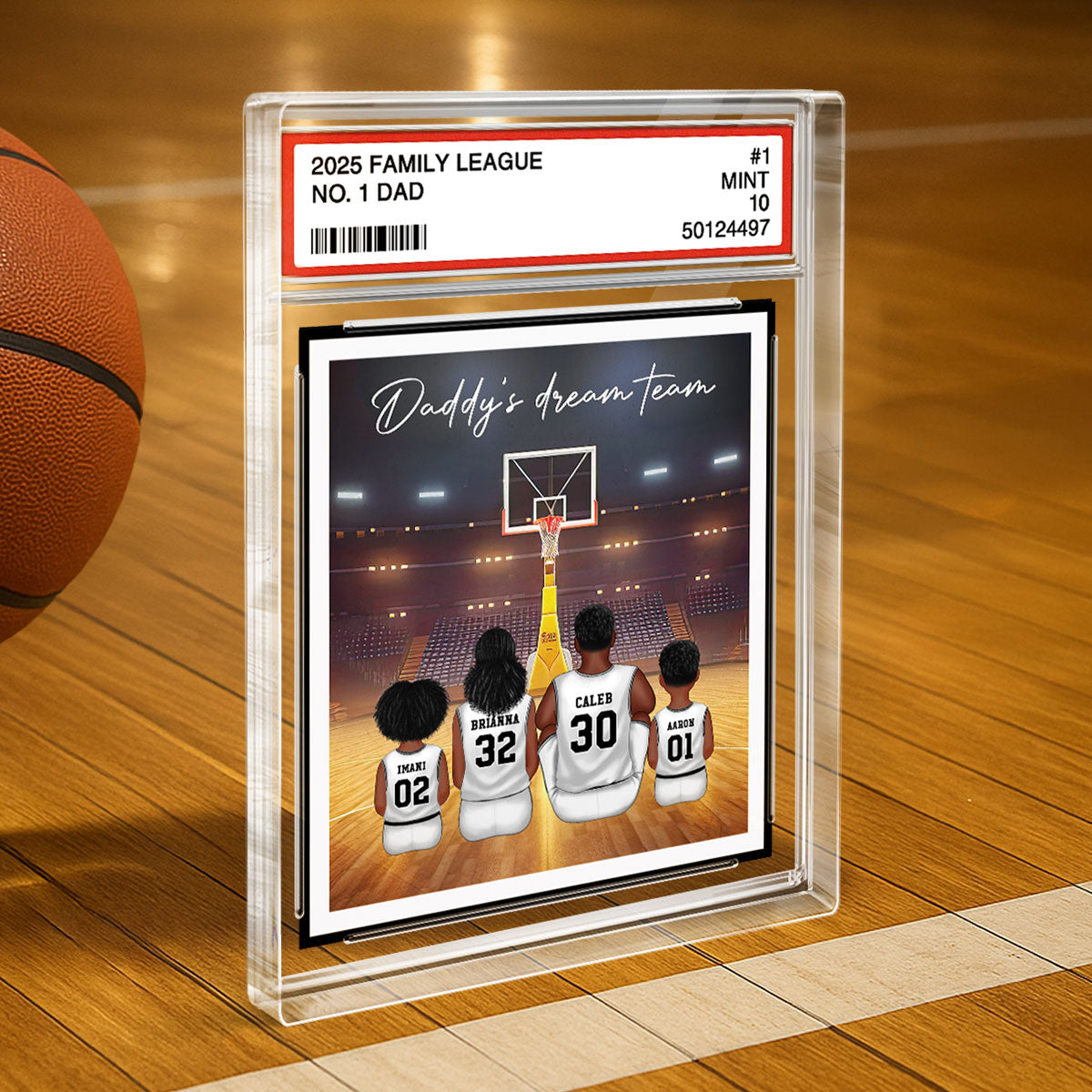 Basketball Daddy's Dream Team No. 1 Dad Man & Kids Sitting Trading Card Style Personalized Acrylic Block Plaque