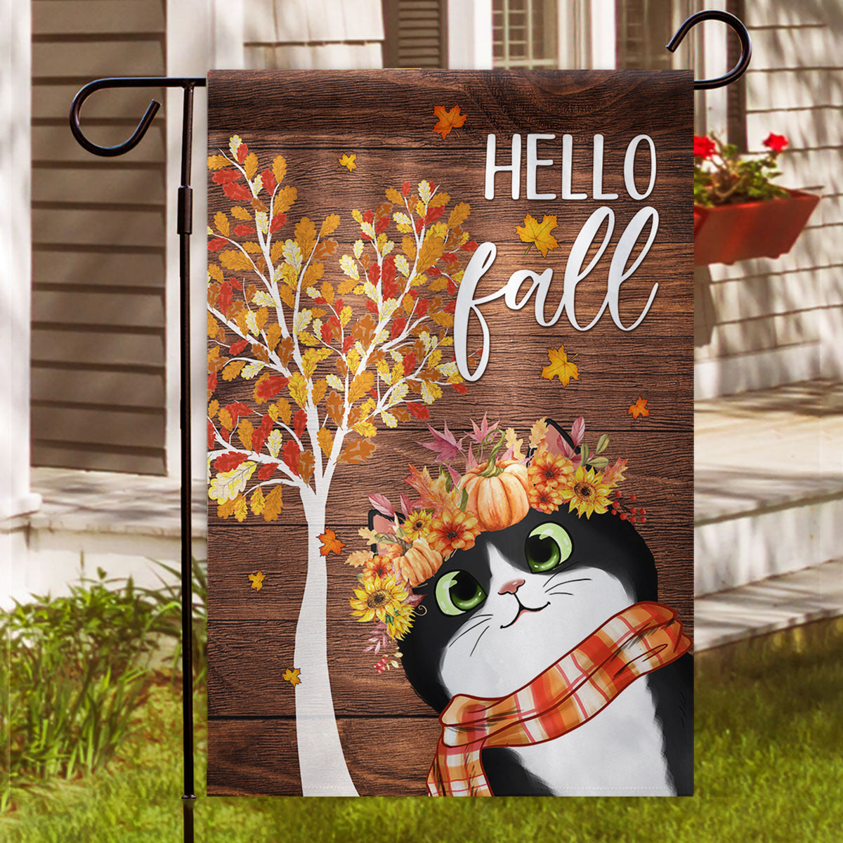 Hello Fall Cute Cats Personalized Garden Flag