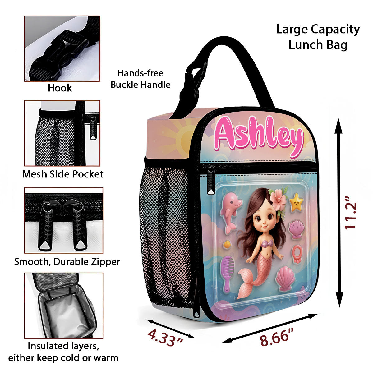 Mermaid Doll 3D Effect Action Figure Personalized Insulated Lunch Bag, Back to School Lunch Bag for Kids