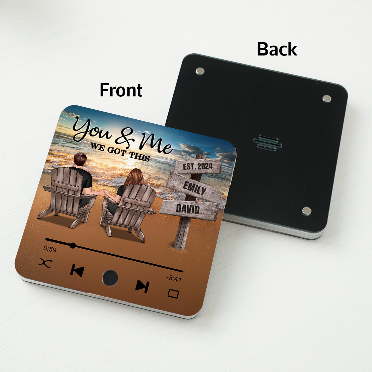 Romantic Beach Landscape Couple Sitting Holding Hands Sign Posts Personalized Bluetooth Music Fridge Magnet, Heartfelt Gift For Couple, For Him, For Her, Boyfriend, Girlfriend, Husband, Wife
