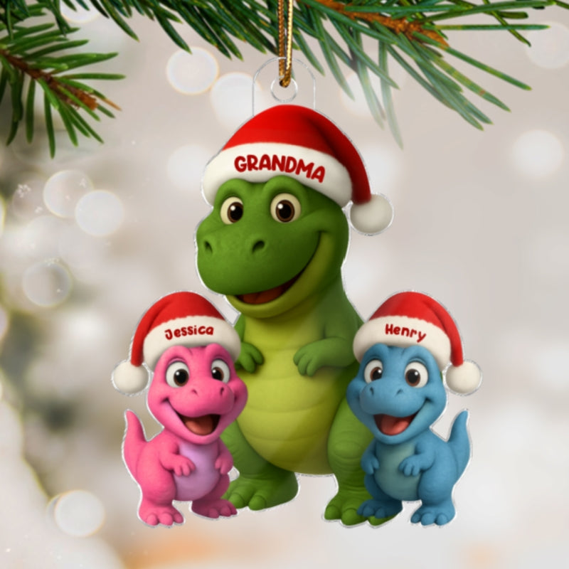 3D Effect Cute Christmas Dinosaur Grandmasaurus And Grandkids - Personalized Acrylic Ornament - Gift For Grandkids, Grandmas