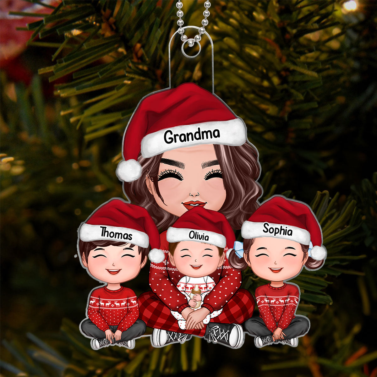 Grandma & Grandkids Sitting Crossed Legs Personalized Acrylic Ornament, Gift For Granddaughter Grandson