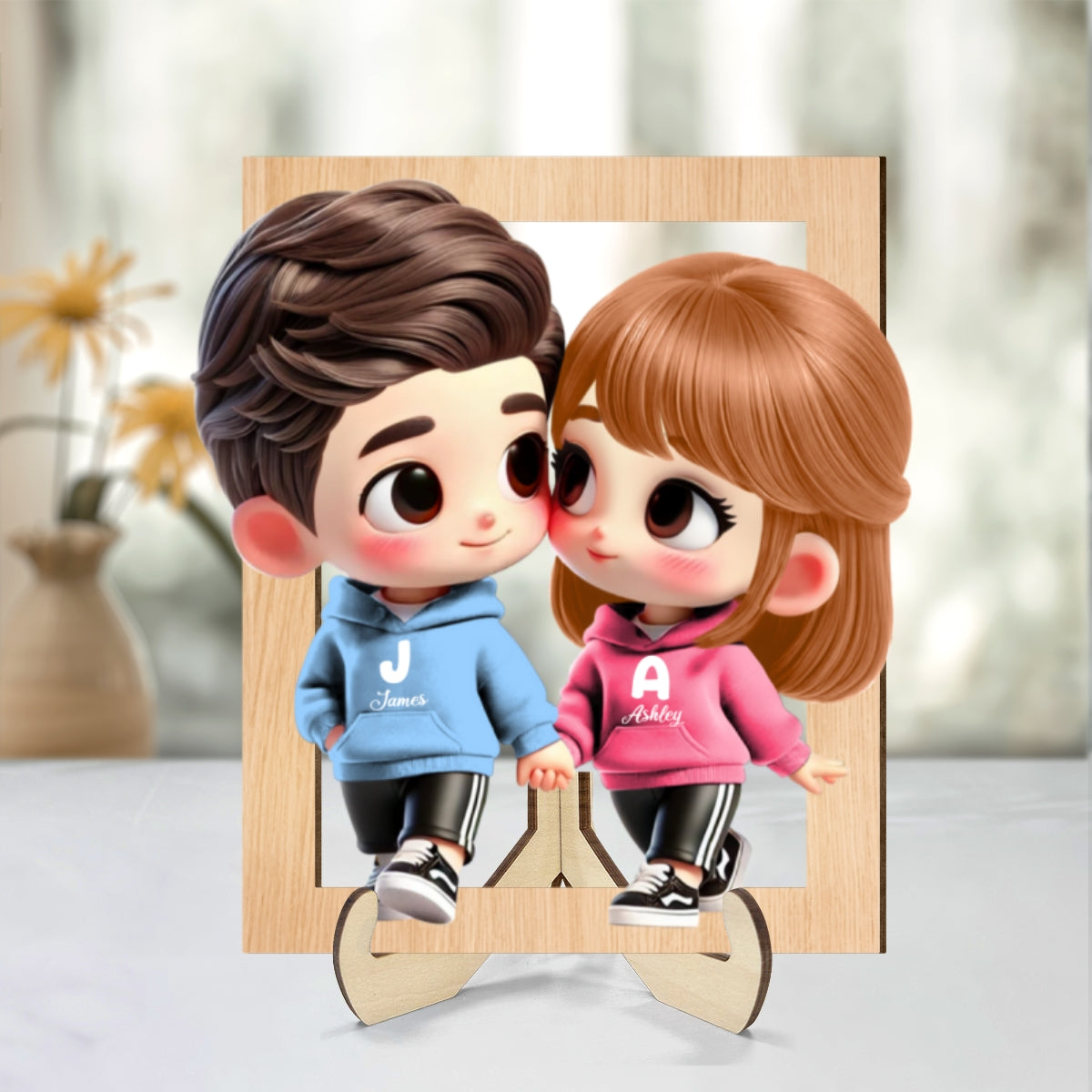 3D Effect Cute Cartoon Couple Holding Hands Personalized 2-Layered Wooden Plaque, Anniversary &  Gift for him, Gift for her