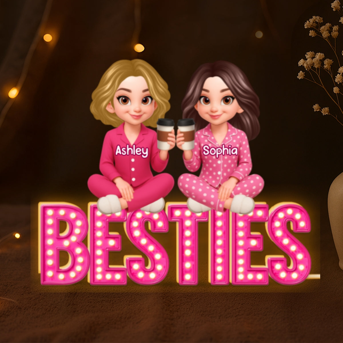 Pink Marquee Besties Sisters Sitting On Text Personalized Light Box