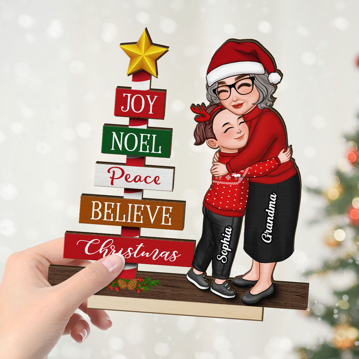 Joy Peace Believe Christmas Gift For Granddaughter Grandson Personalized 2-Layer Standing Wooden Plaque