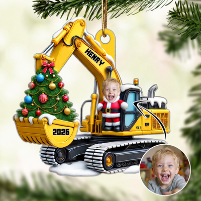 Personalized Xmas Excavator Construction Backhoe Kid Photo Ornament, 3D Effect Xmas Gift For Kids