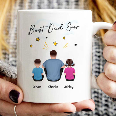 Happy Father‘s Day To Our Hero Back View Sitting Dad Kids Dog Cat Personalized Mug
