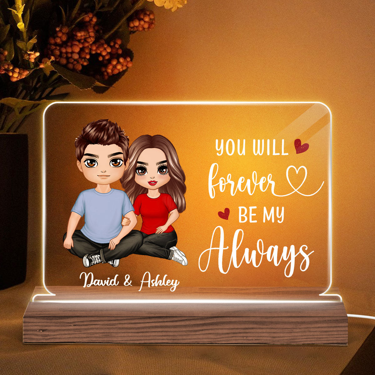 Embracing Doll Couple Sitting Gift For Him Gift For Her Personalized Custom Shape Horizontal Rectangle Acrylic Plaque LED Night Light