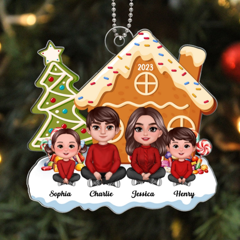 Family Crossed Legs Sitting Christmas Tree Cake Patterned Gingerbread House Personalized Acrylic Ornament