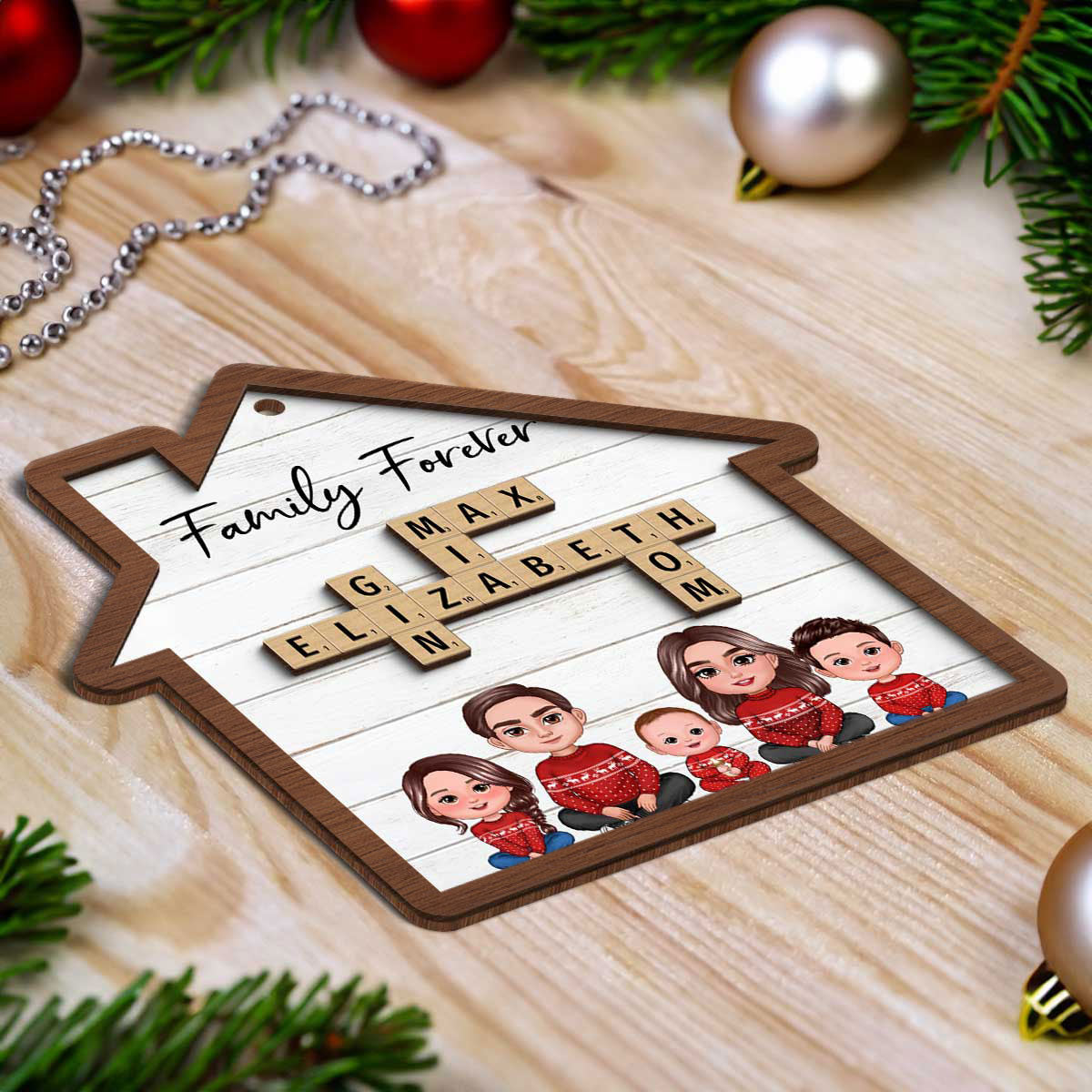 Family Sitting Together Crossword Puzzle Art Personalized House Shaped 2-Layer Wooden Ornament