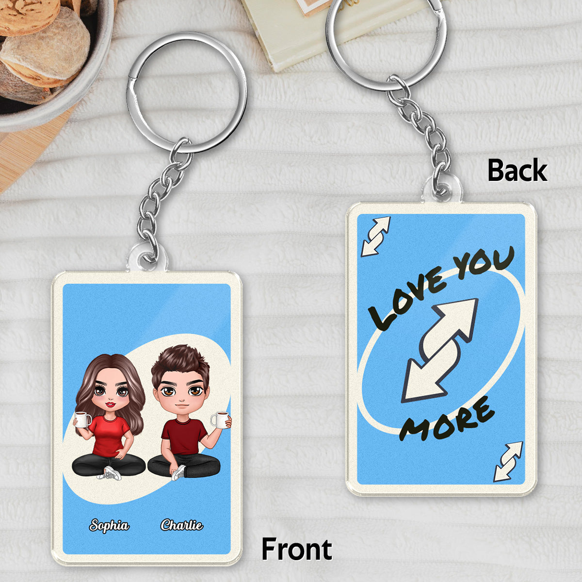 Love You More Game Card Style Doll Cartoon Couple - Personalized Acrylic Keychain - Valentine's Day Gift, Anniversary Gift For Him, For Her