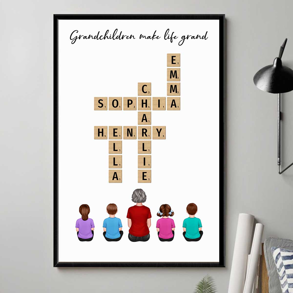 Our Grandchildren Names In Crossword Unique Gift For Grandma Grandpa Grandparents Back View Sitting Personalized Poster