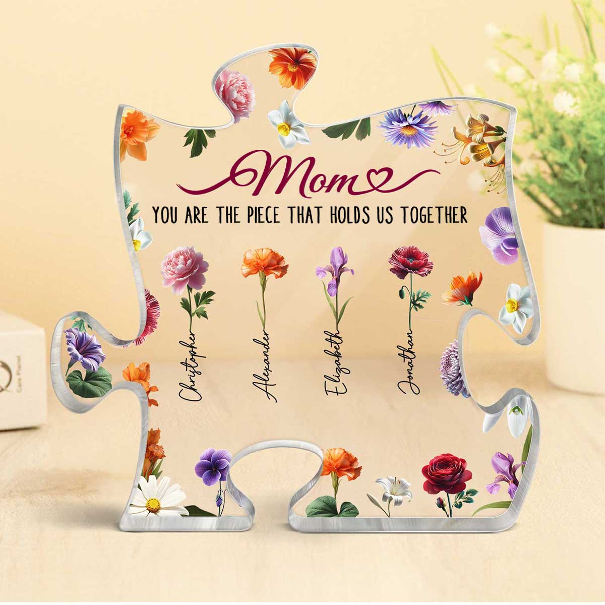 3D Effect Birth Month Flower Mom You Are The Piece That Hold Us Together Personalized Puzzle Acrylic Block Plaque
