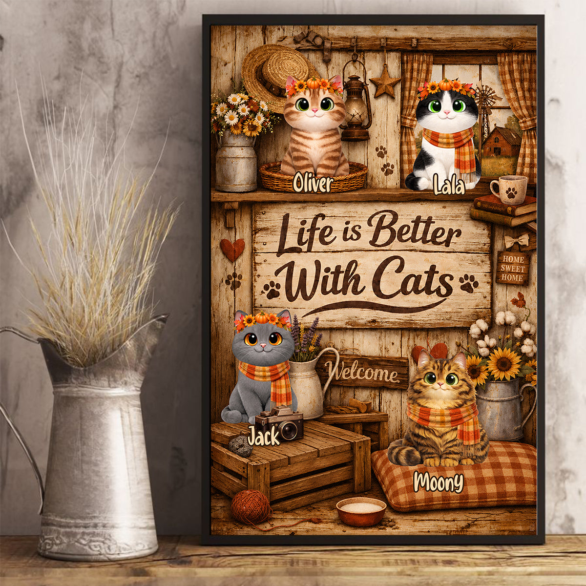 Life is Better with Cats - Personalized Poster - Cozy Fall Decor for Cat Lovers