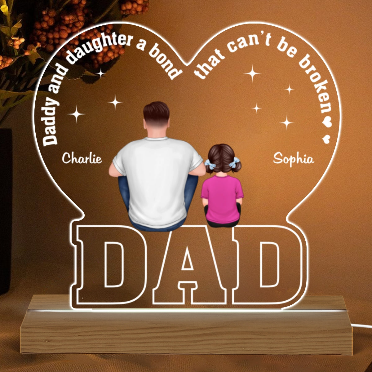 Dad And Daughters Sons Bond That Can‘t Be Broken Back View Man Kids Dog Cat Sitting Father‘s Day Gift Personalized Warm Custom Shape Acrylic Plaque LED Night Light