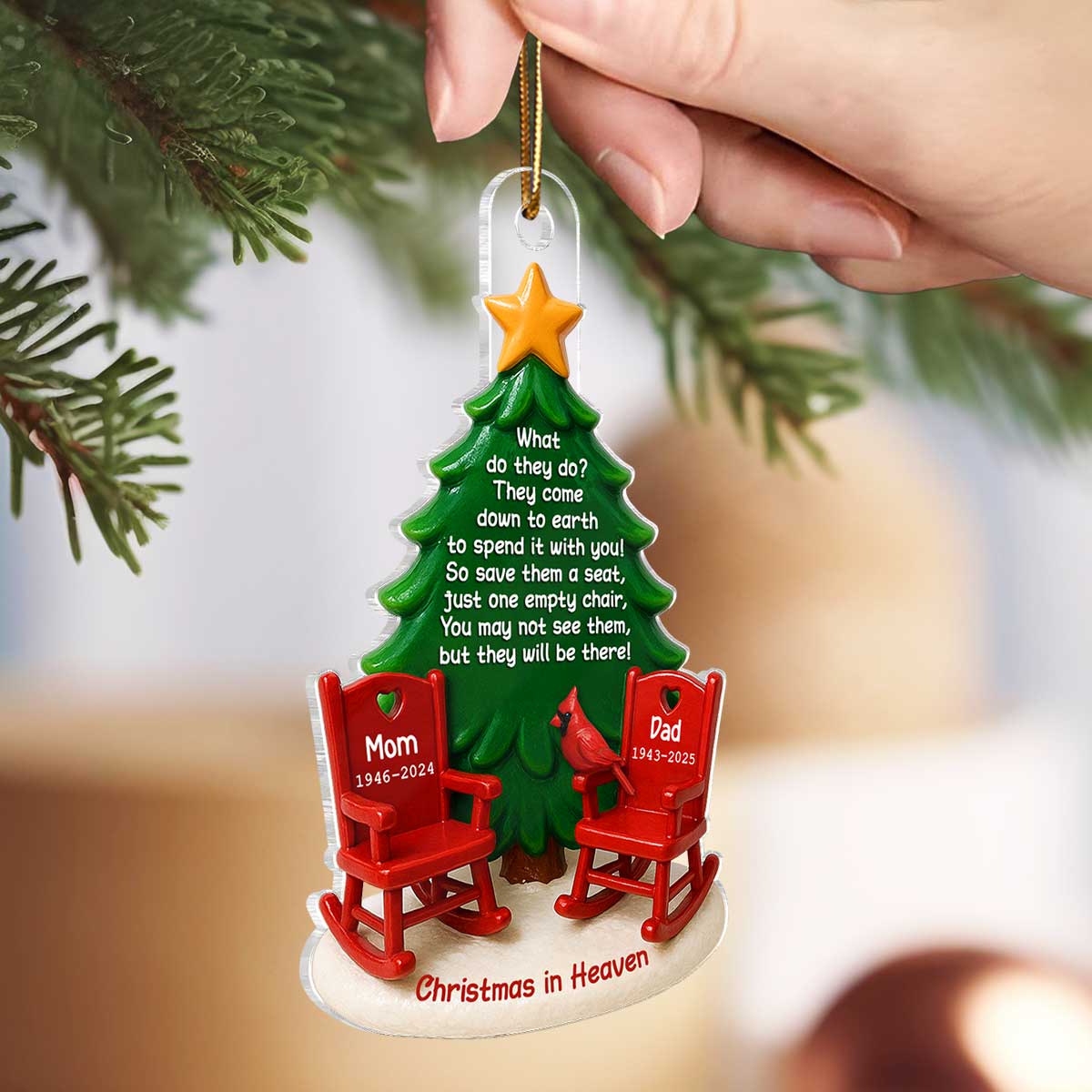 Christmas In Heaven Save A Seat 3D Effect - Personalized Acrylic Ornament - Christmas Memorial Keepsake For Family