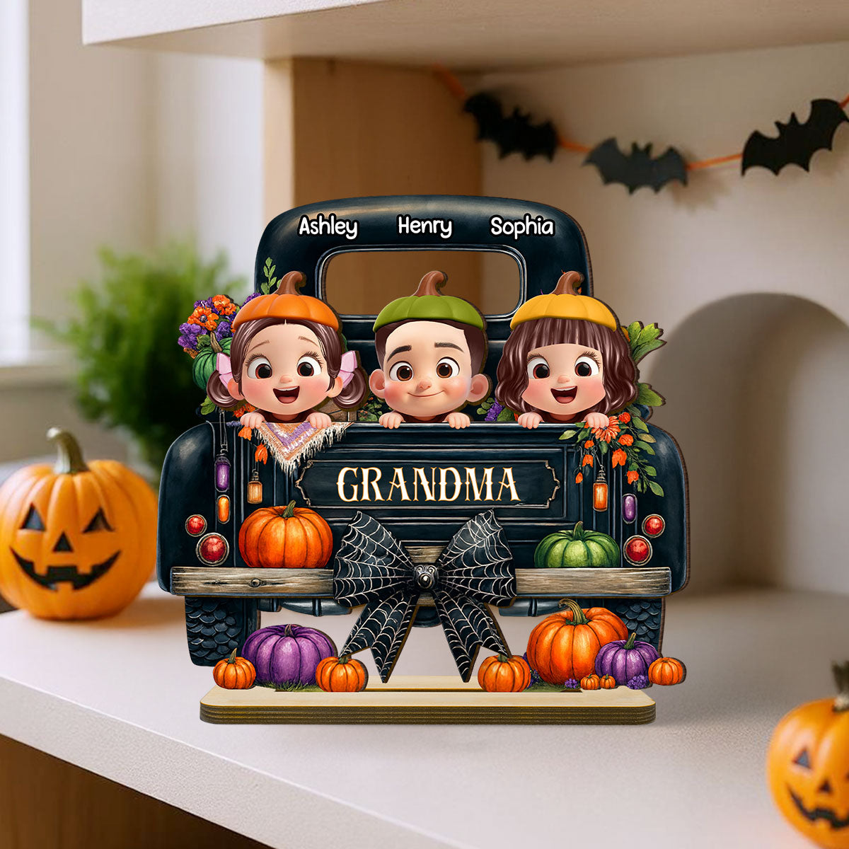 Grandkids Peeking on Halloween Truck Personalized Standing Wooden Plaque, Fall Halloween Decor for Grandma
