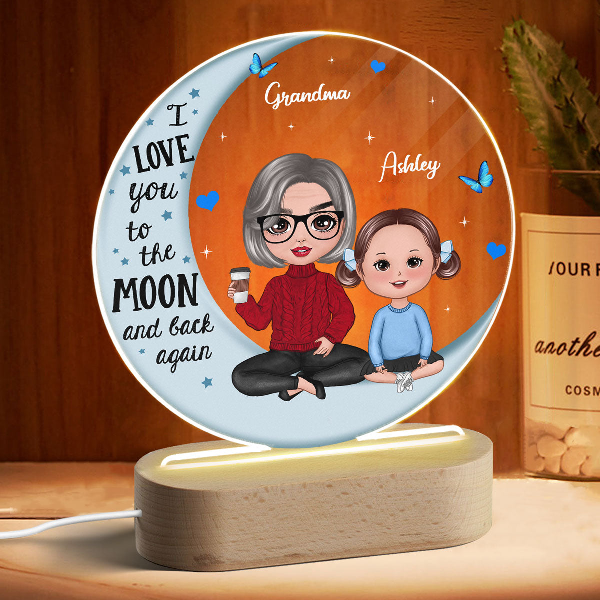 Doll Grandma Grandkids Blue Moon Personalized Circle LED Night Light Acrylic LED Lamp