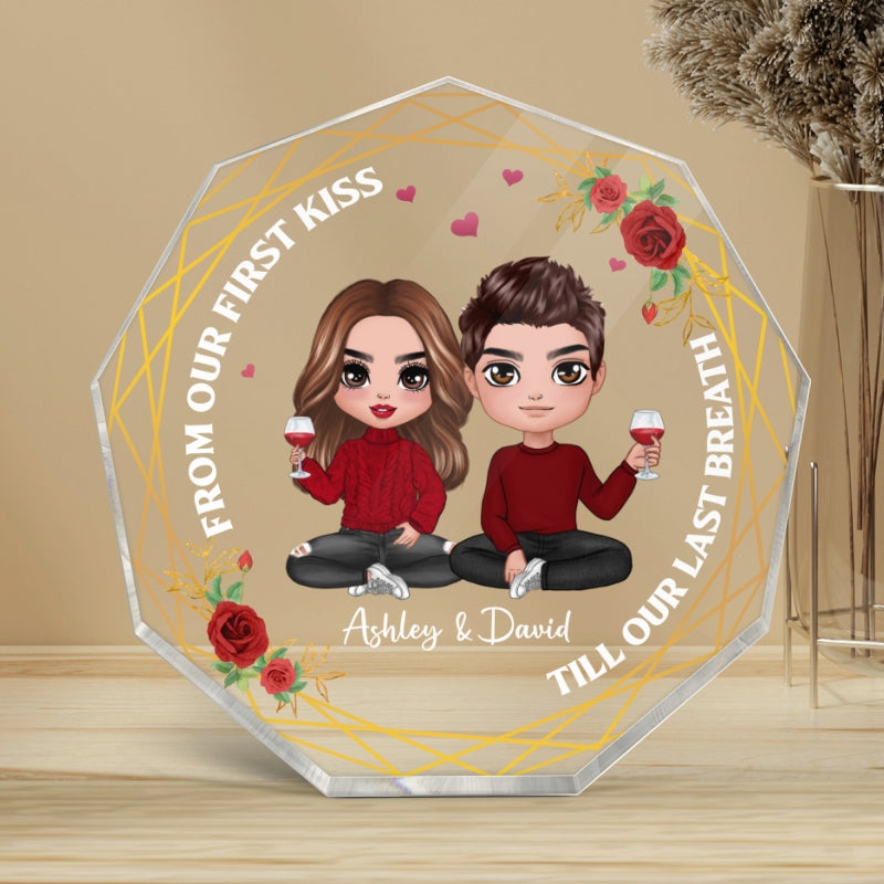 Doll Couple Sitting Personalized Nonagon Acrylic Plaque - Gift For Him Gift For Her