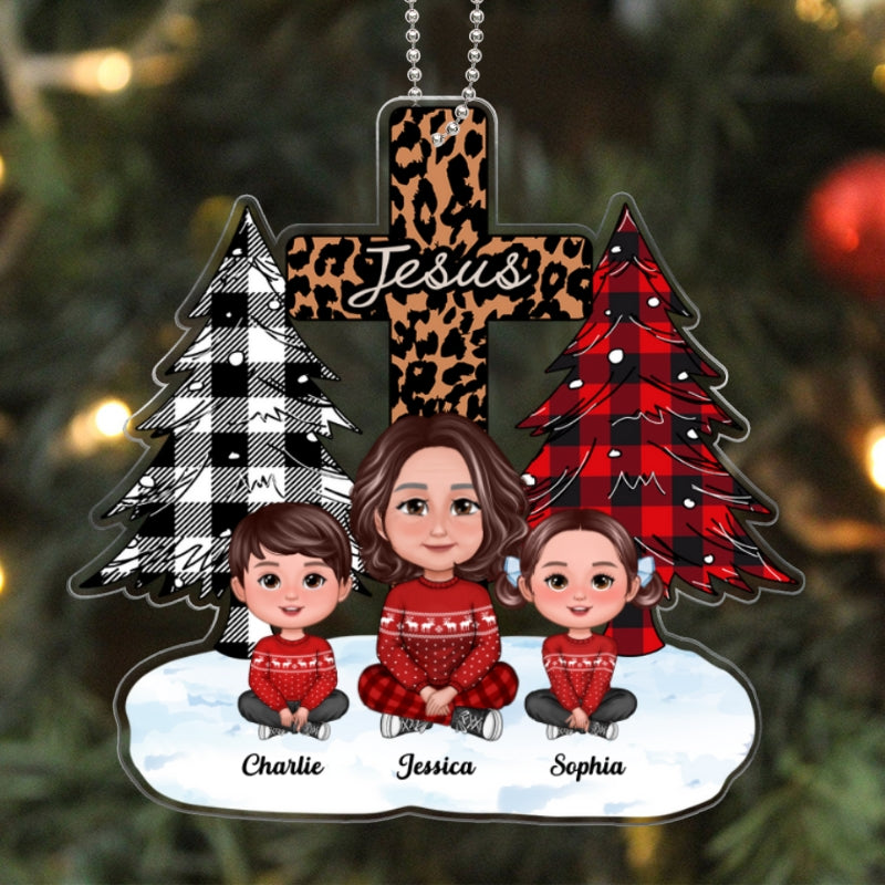 Christmas Tree & Cross Cute Grandma & Grandkids Sitting Personalized Acrylic Ornament