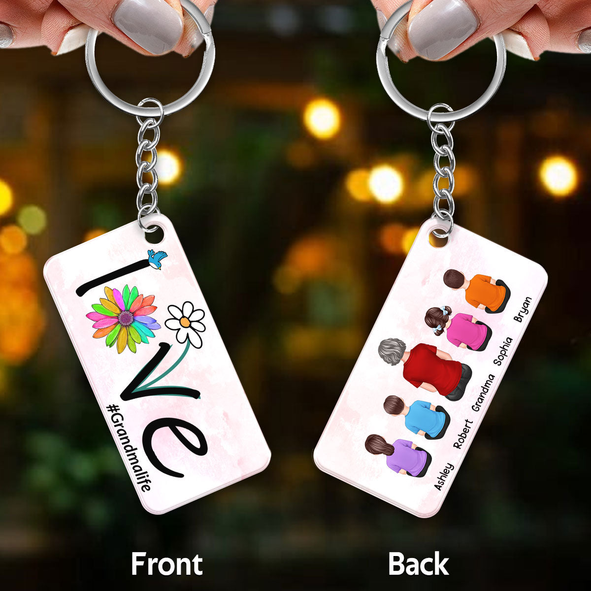 LOVE Flower Grandma Mom Life Back View Woman And Kids Dogs Cats Sitting Personalized Acrylic Keychain