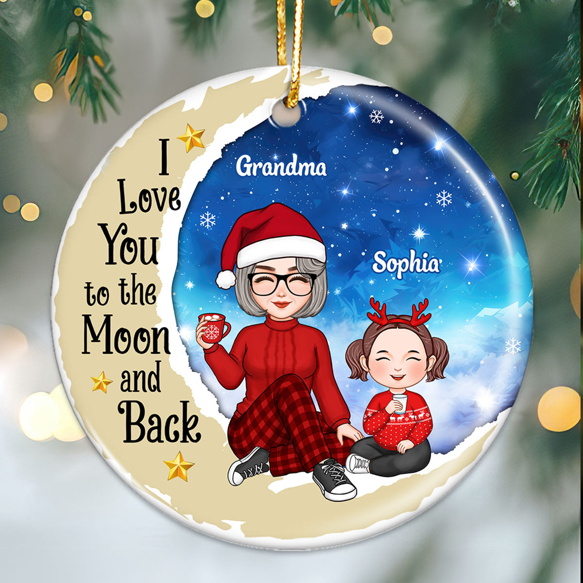 Cute Grandma Kids On Moon Paper Tearing Patterned Personalized Circle Ornament