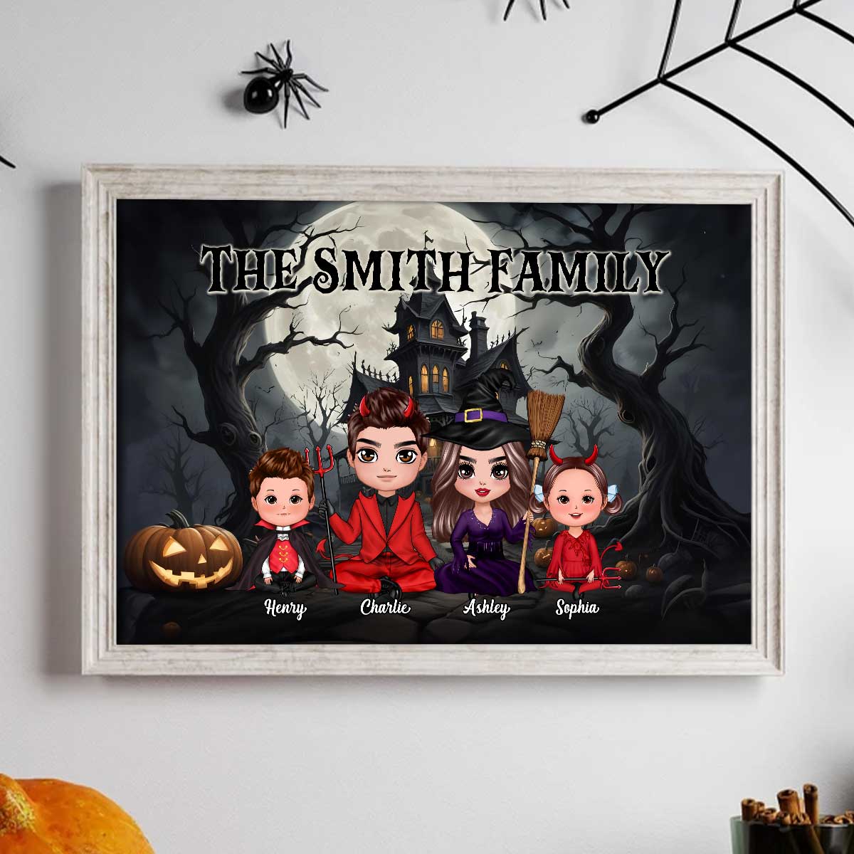 Halloween Family Sitting Vintage Background Personalized Poster - The Perfect Halloween Family Gift