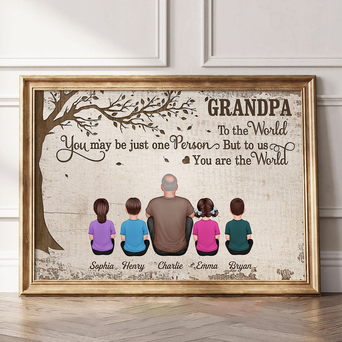 Grandpa And Kids Dogs Cats Sitting Under Tree Personalized Poster, Gift For Grandpa