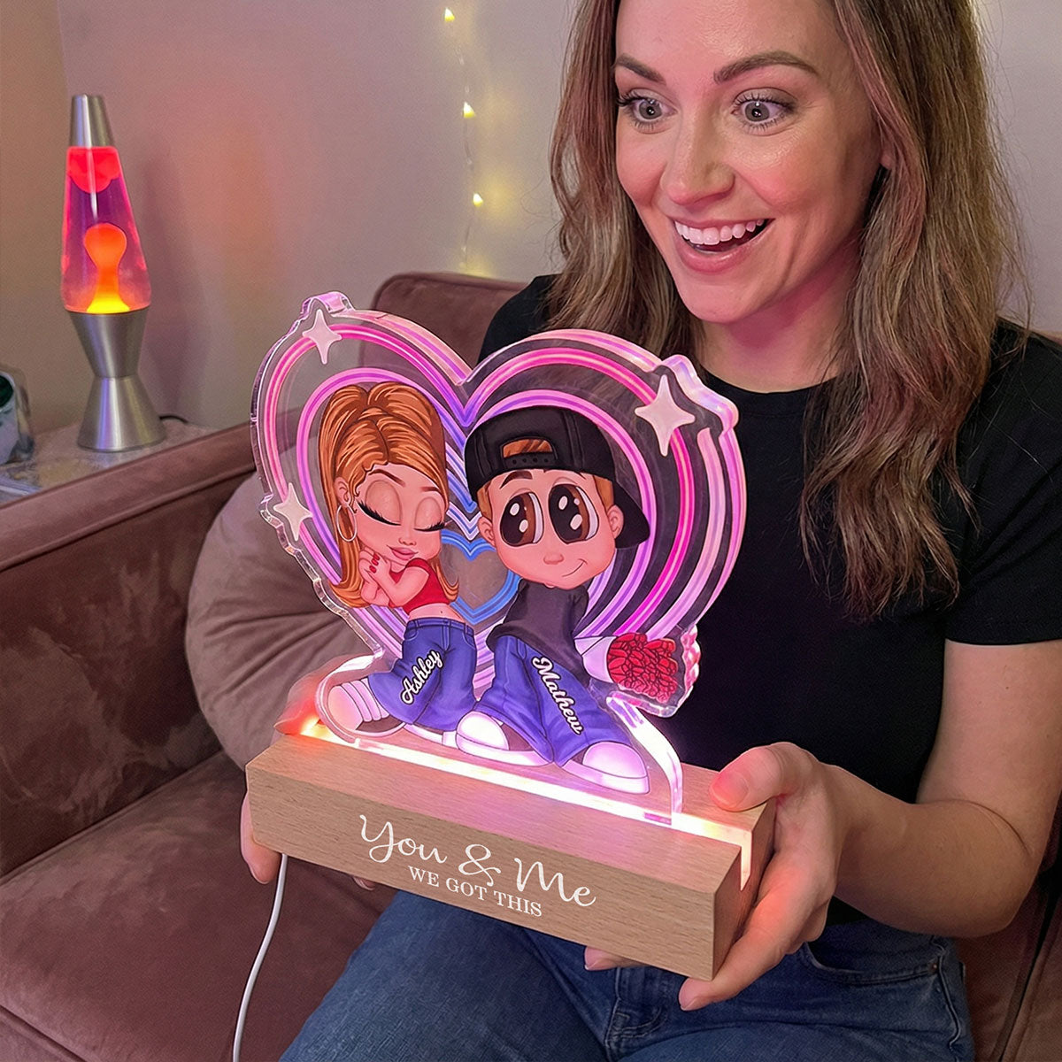 Forever Love Y2K Couple Neon Heart - Personalized Acrylic Block LED Night Light - Valentine's Day Gift For Couple, For Her, For Him