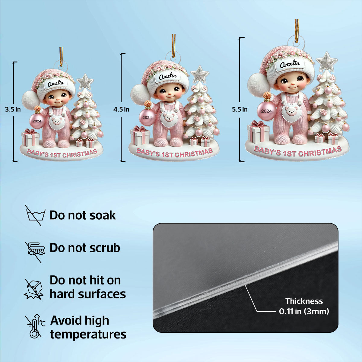 Cute Baby Standing Beside Christmas Tree 3D Effect Baby's First Christmas Personalized Acrylic Flat Ornament