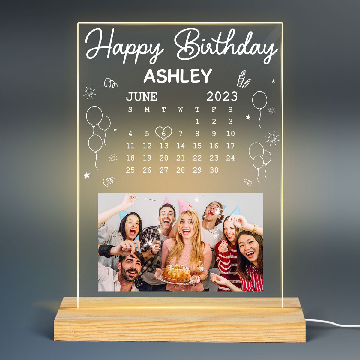 Custom Photo Happy Birthday Calendar Date Personalized Rectangle LED Night Light