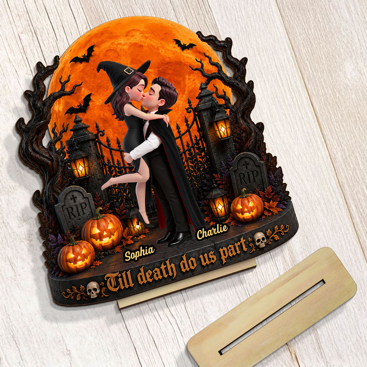 Eternal Love Couple Under Halloween Moon Light - Personalized 2-Layered Wooden Plaque - Halloween Gift For Couple