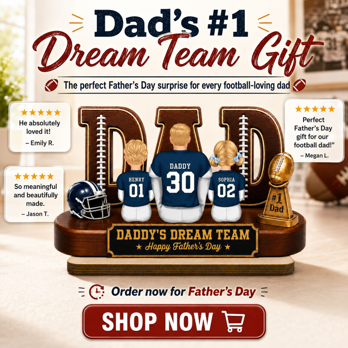 American Football Dad Legend Daddy's Dream Team - Personalized 2-Layered Wooden Plaque - Unique Trending  Gift For Dad, Husband, Football Fans