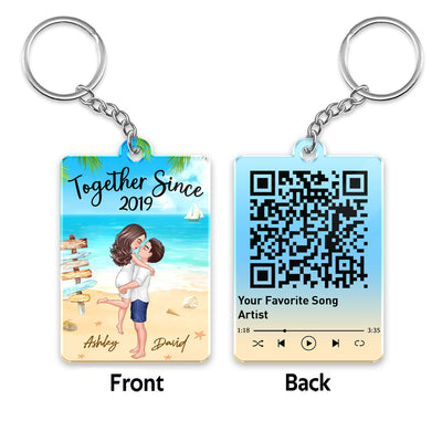 Doll Couple Hugging Kissing On The Beach Favorite Song Scannable QR Code Personalized Acrylic Keychain