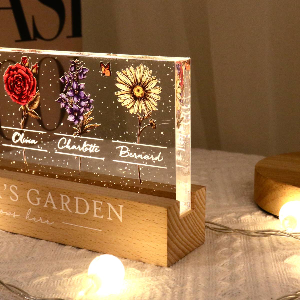 Grandma's Garden Of Grandkids Birth Month Flowers - Personalized Acrylic Block Plaque LED Night Light - Gift For Grandma, Gift For Mom