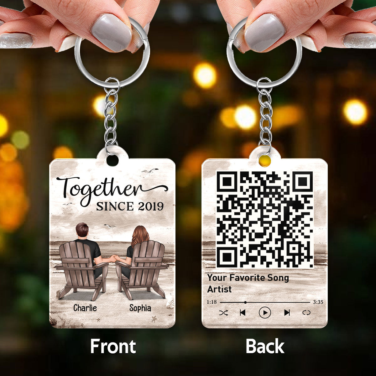 Retro Vintage Back View Couple Sitting Beach Landscape Favorite Song Scannable QR Code Personalized Acrylic Keychain