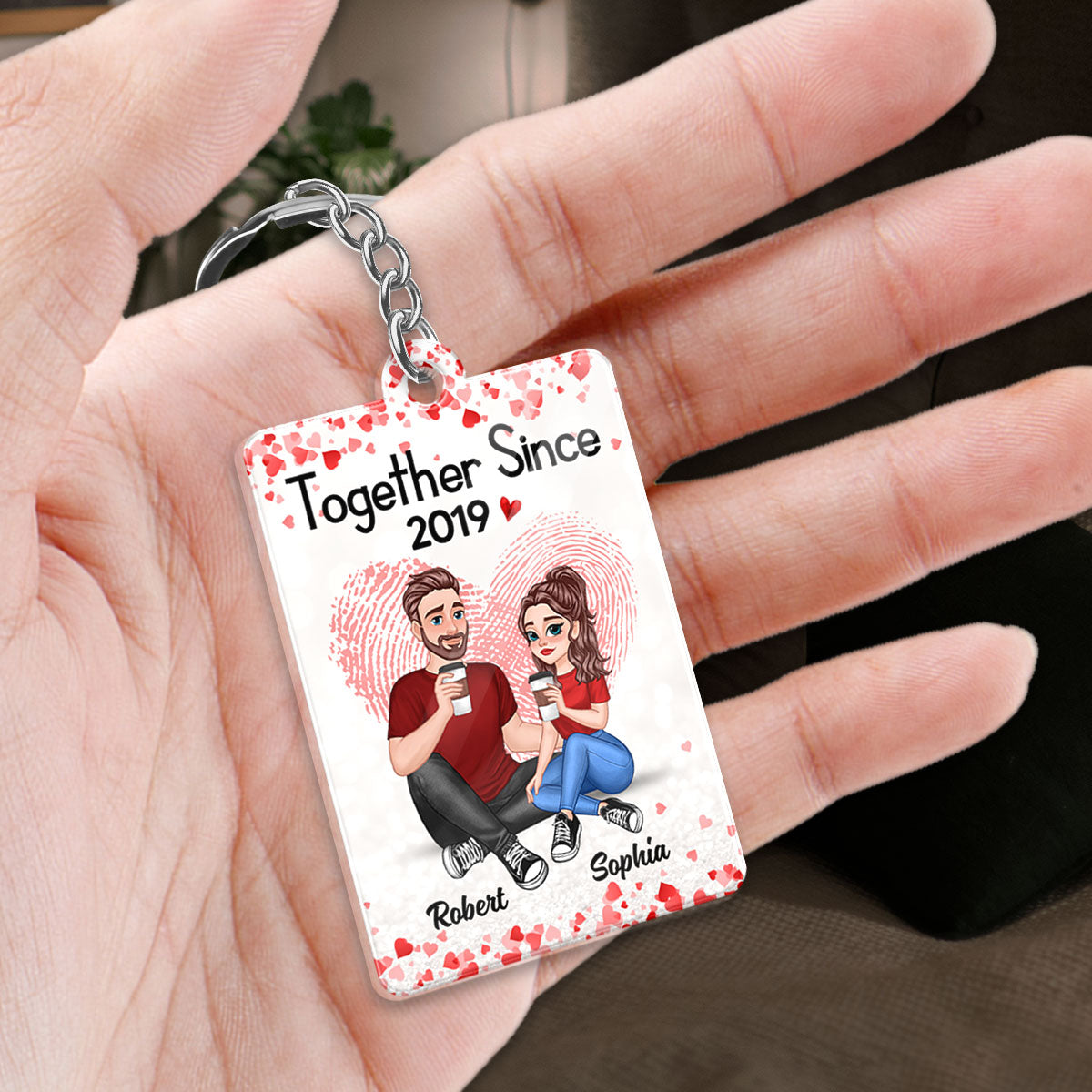 Cartoon Couple Sitting Together Since Fingerprint Heart Favorite Song Scannable QR Code Personalized Acrylic Keychain