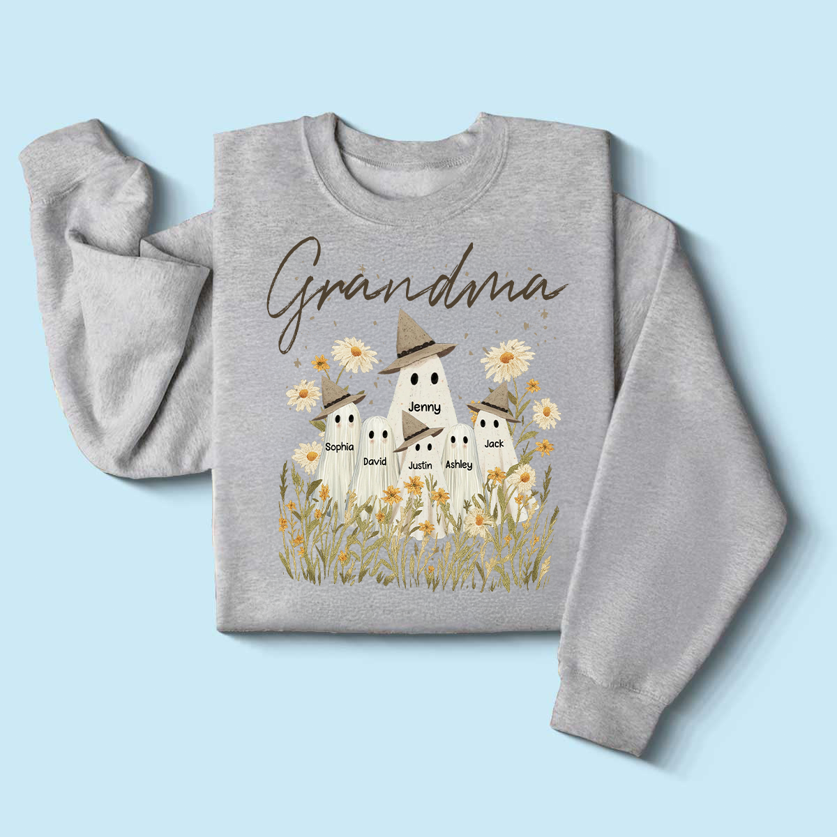 Cute Ghost Grandma And Kids In Wildflowers Spooky Fall Personalized Sweatshirt