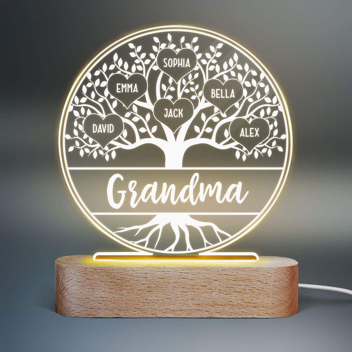Grandma Family Tree Name Personalized Circle Acrylic Plaque With LED Night Light - Gift for Grandma, Nana, Mom
