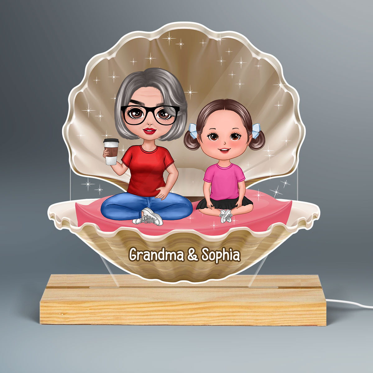 Grandma Grandkids In Pearl Shell Personalized Custom Shape Acrylic LED Night Light